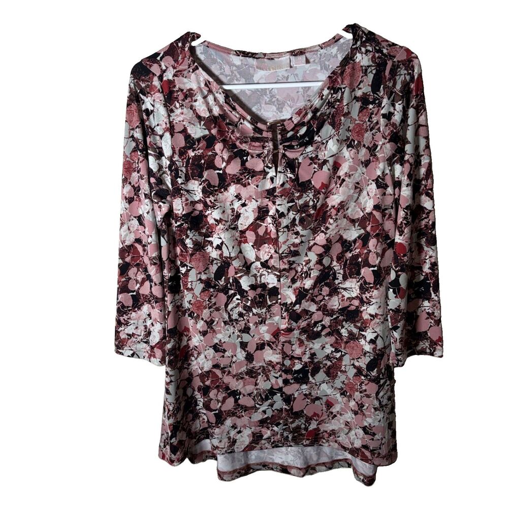 Belle Kim Gravel Blouse Women's XS Printed Floral Keyhole 3/4 Sleeve Top